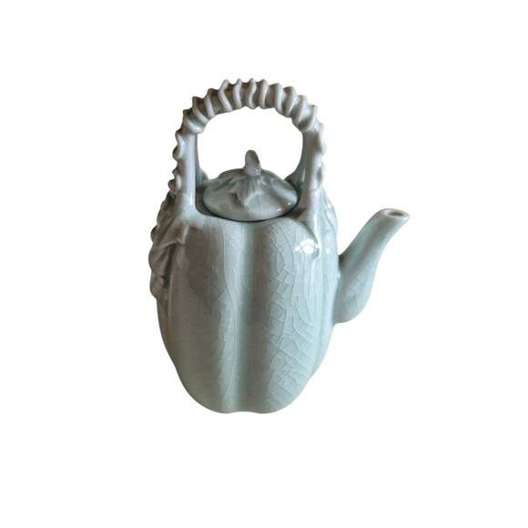 Chinese VTG Porcelain Crackle Celedon Glazed Pumpkin Squash Leaf Tea Pot Kettle - Picture 3 of 5